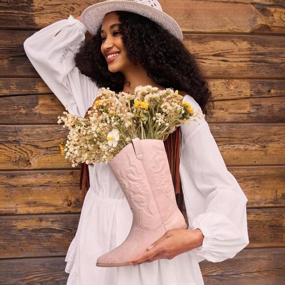 Women's Pink Pointed Toe Pull On Wide Calf Pu Chunky Low Heel Cowgirl Boots - Picture 7 of 8